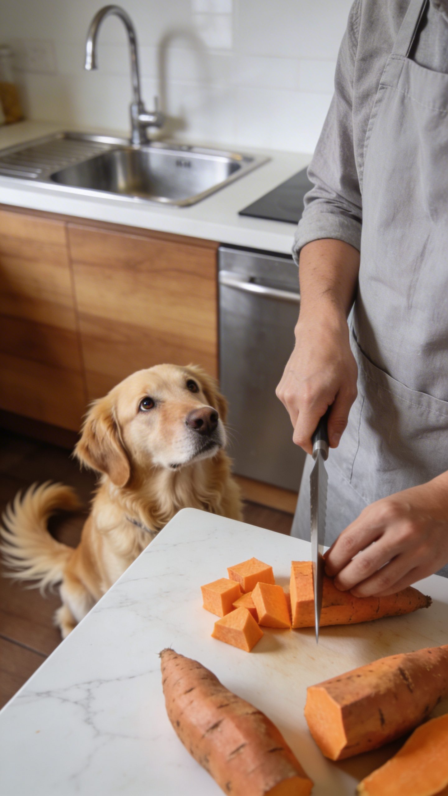Dog owner preparing sweet potatoes in modern kitchen