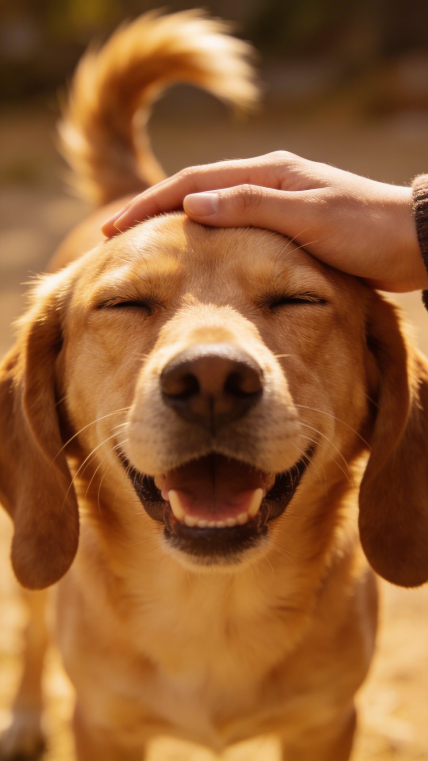 Happy dog with relaxed ears being petted by owner