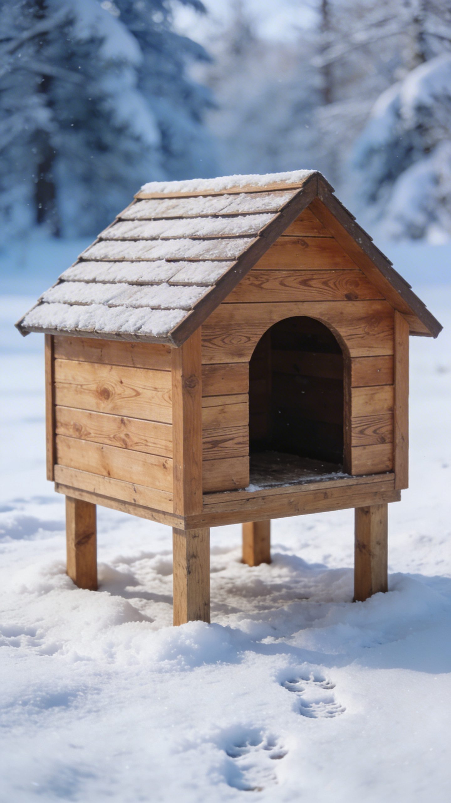 Insulated wooden doghouse elevated off snowy ground