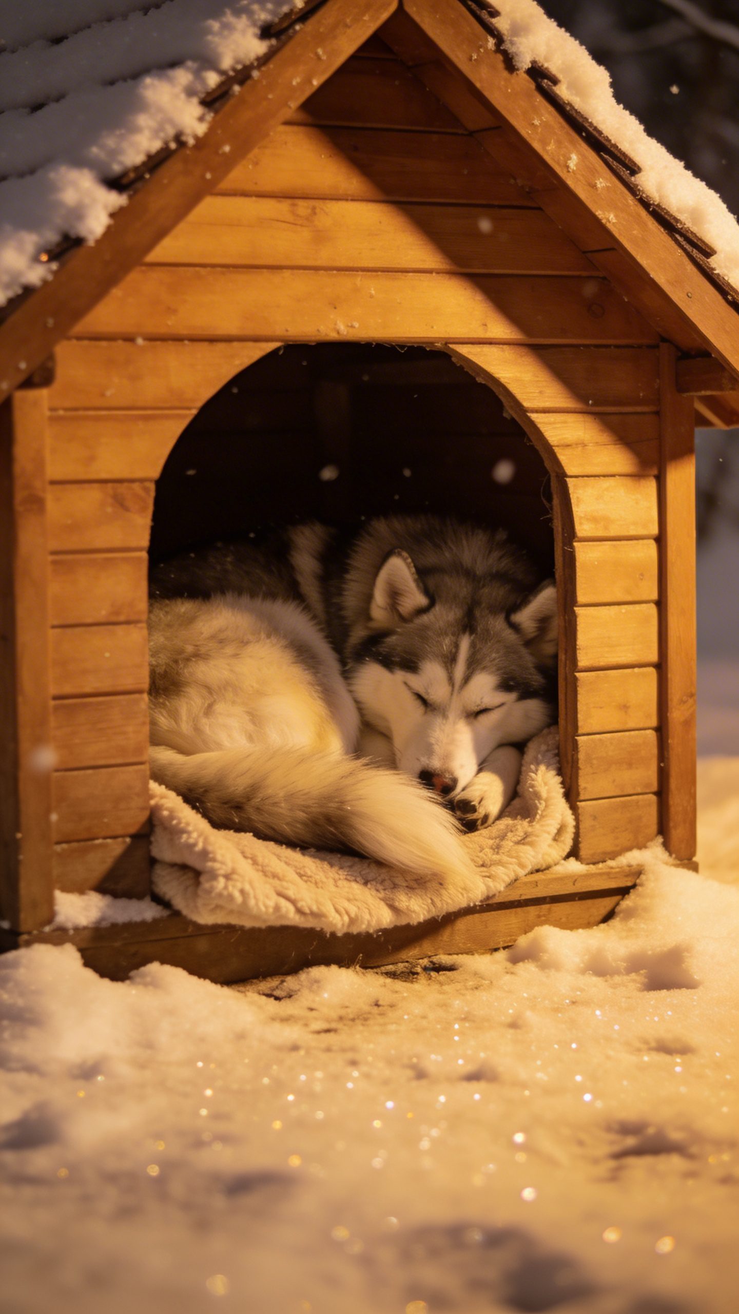 Husky sleeping inside cozy winter doghouse entrance