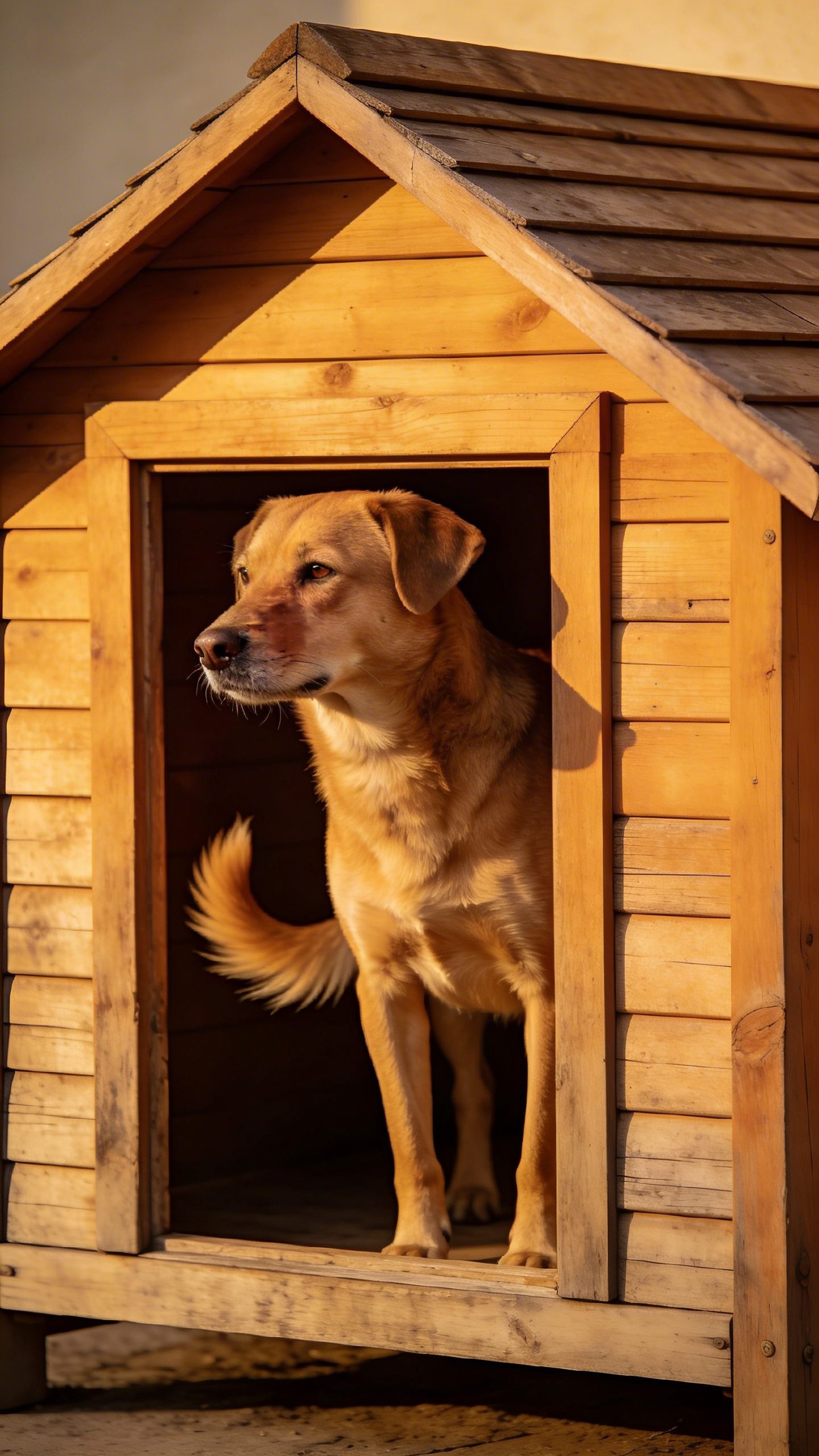 Dog house with proper sizing, dog standing inside