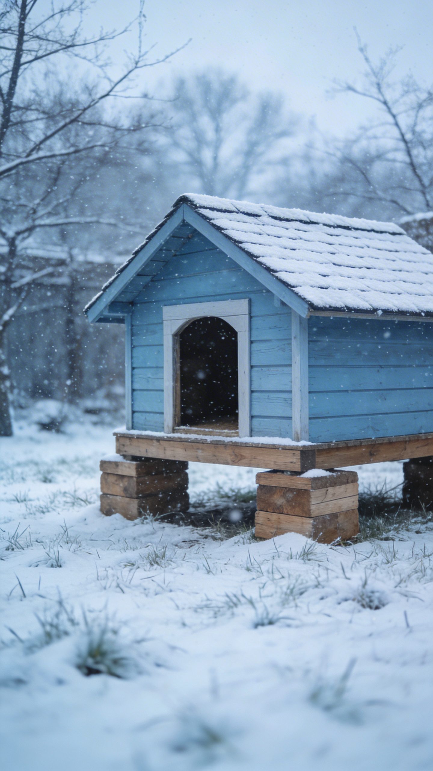 Elevated doghouse on blocks, winter yard background