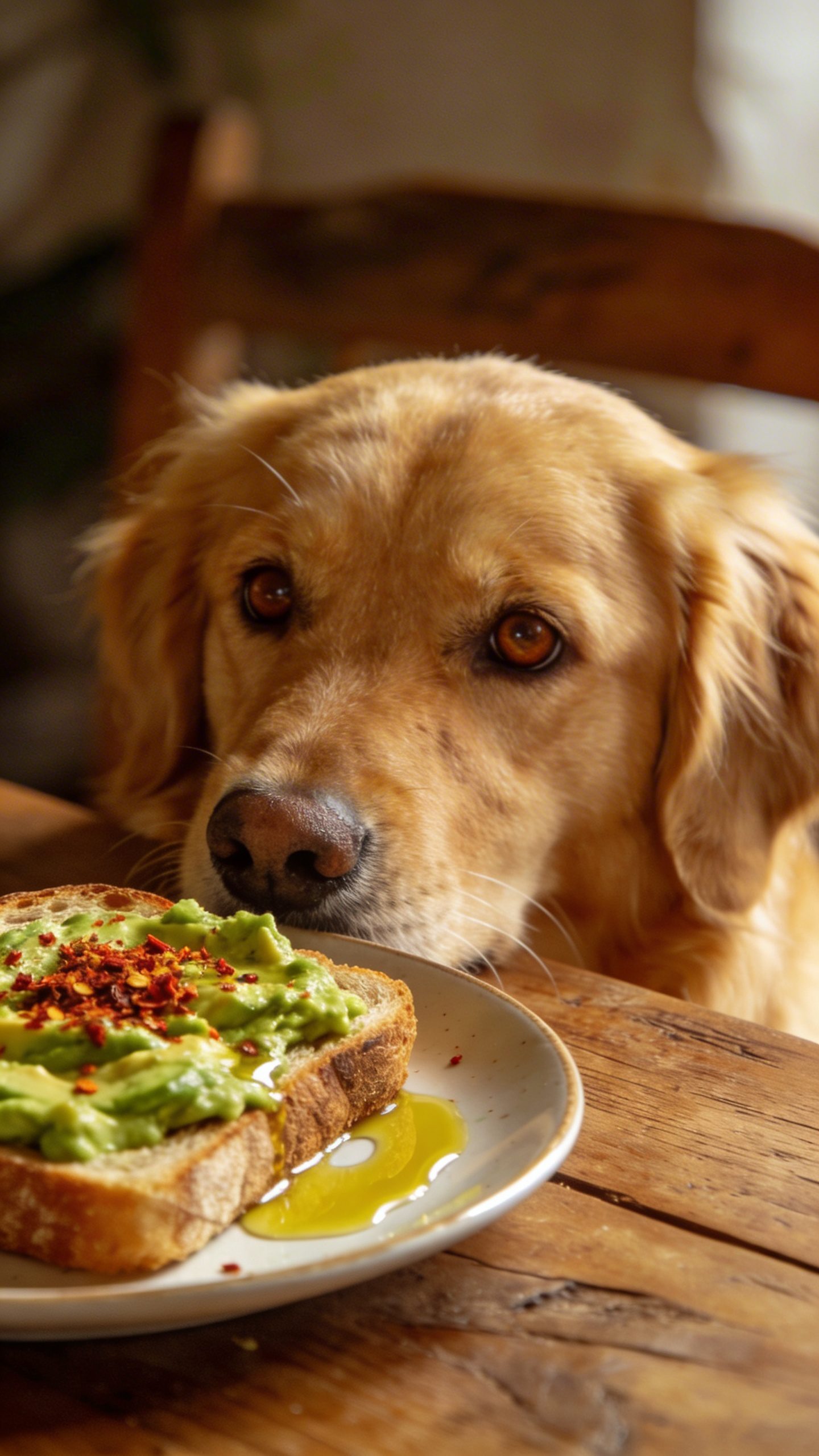 Golden retriever staring at avocado toast on plate