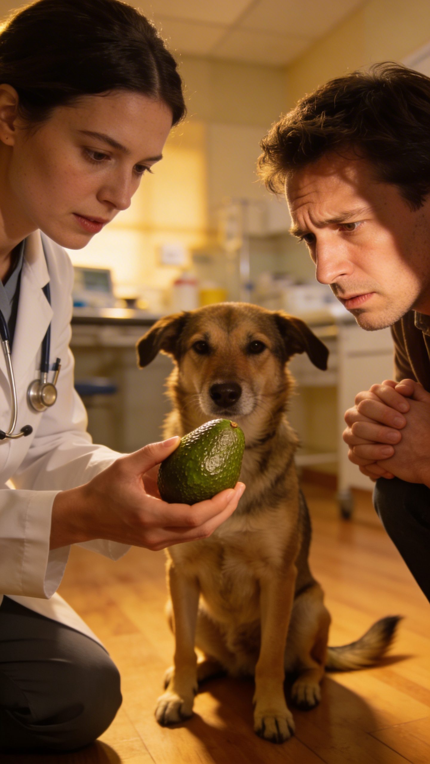 Veterinarian examining concerned dog owner with avocado