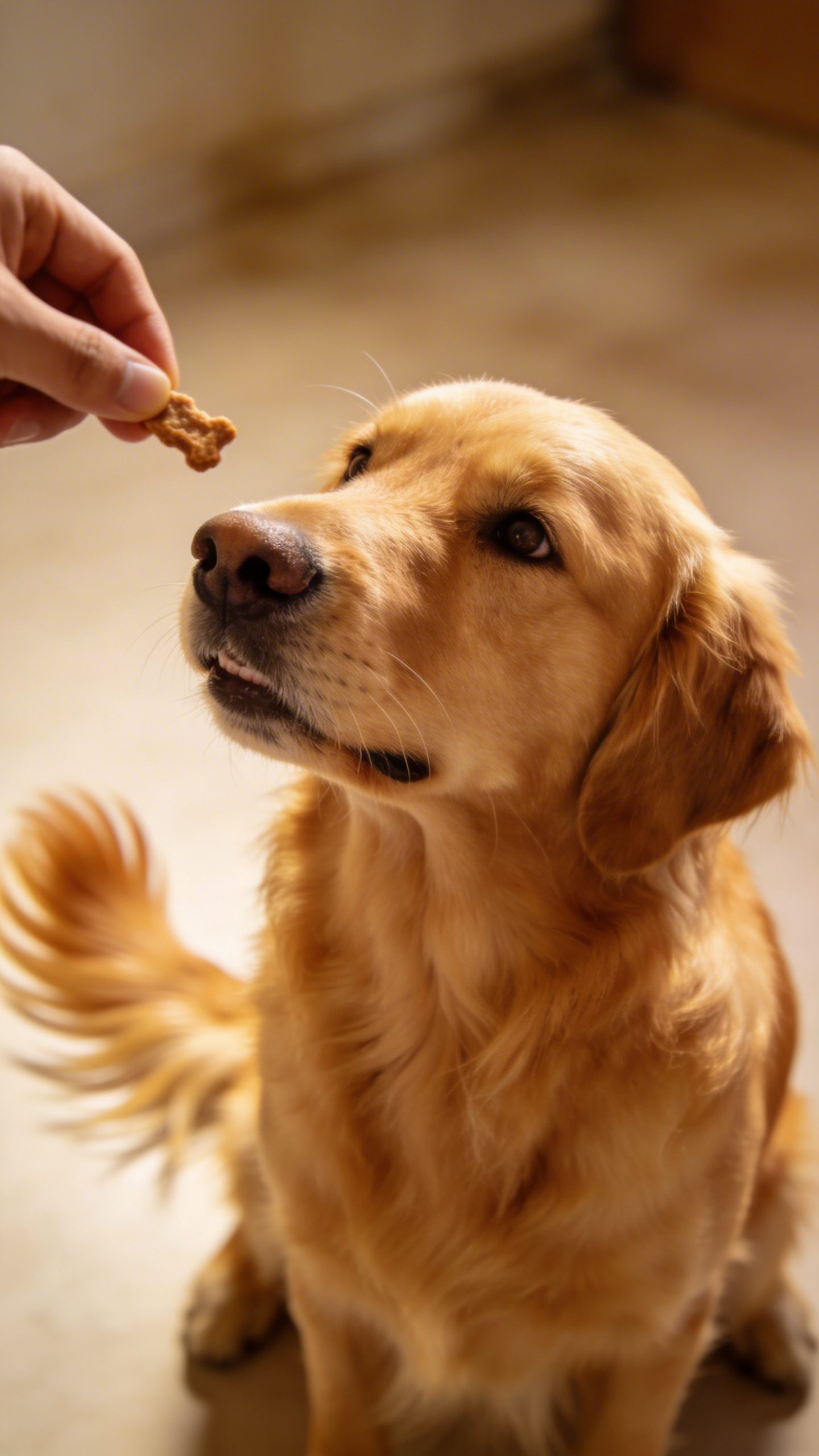 Golden retriever sitting attentively looking at treat reward