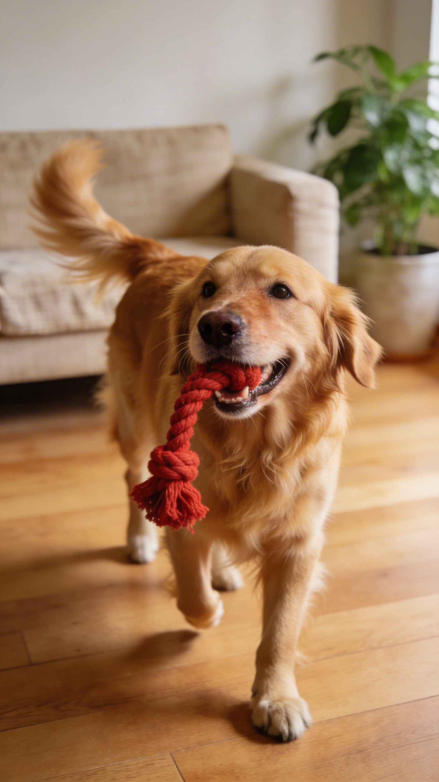Happy dog with rope toy in living room
