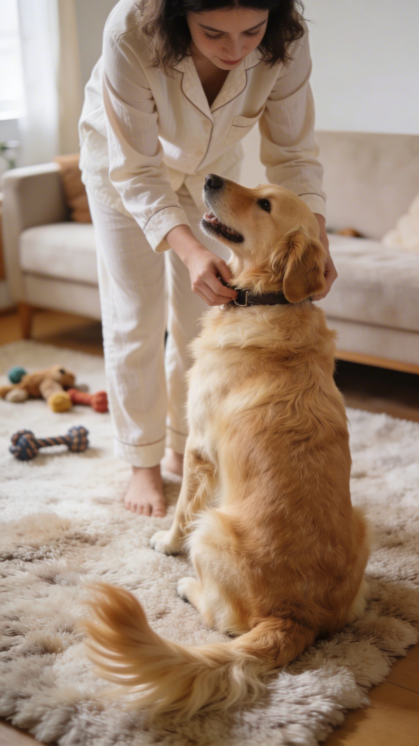 Owner in pajamas training golden retriever at home