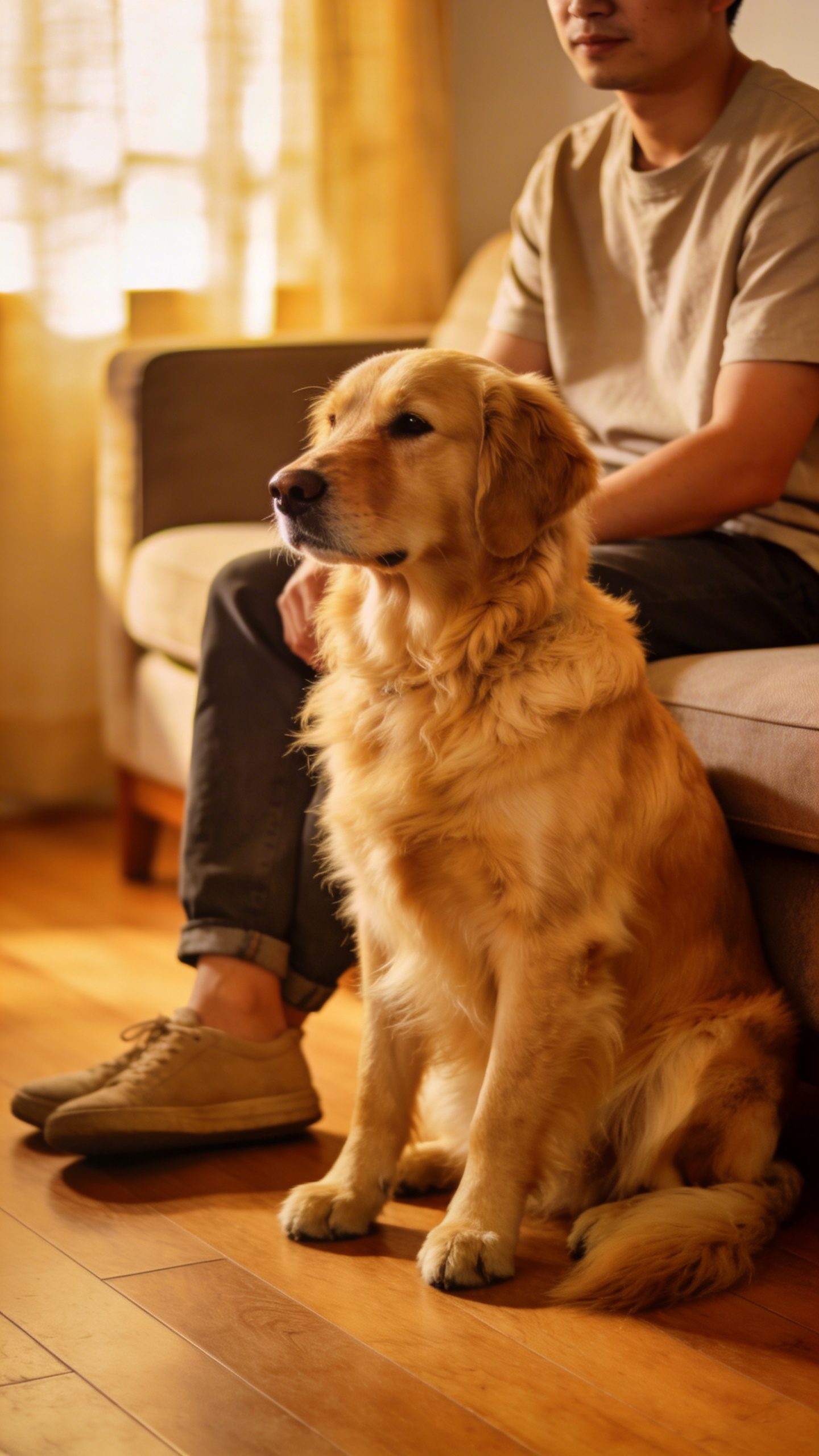 Calm golden retriever sitting obediently beside owner indoors