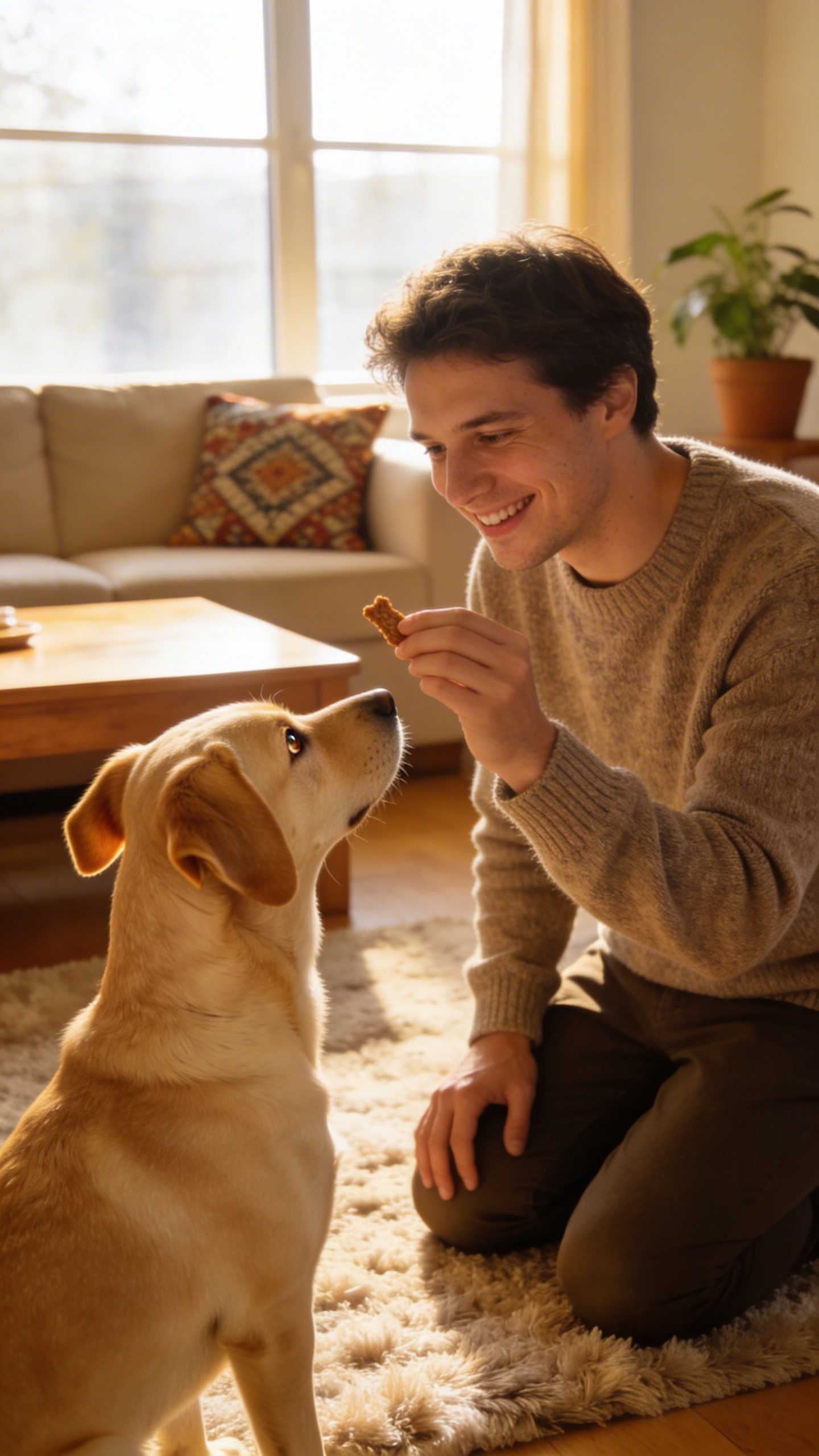 Happy dog owner training attentive labrador in living room