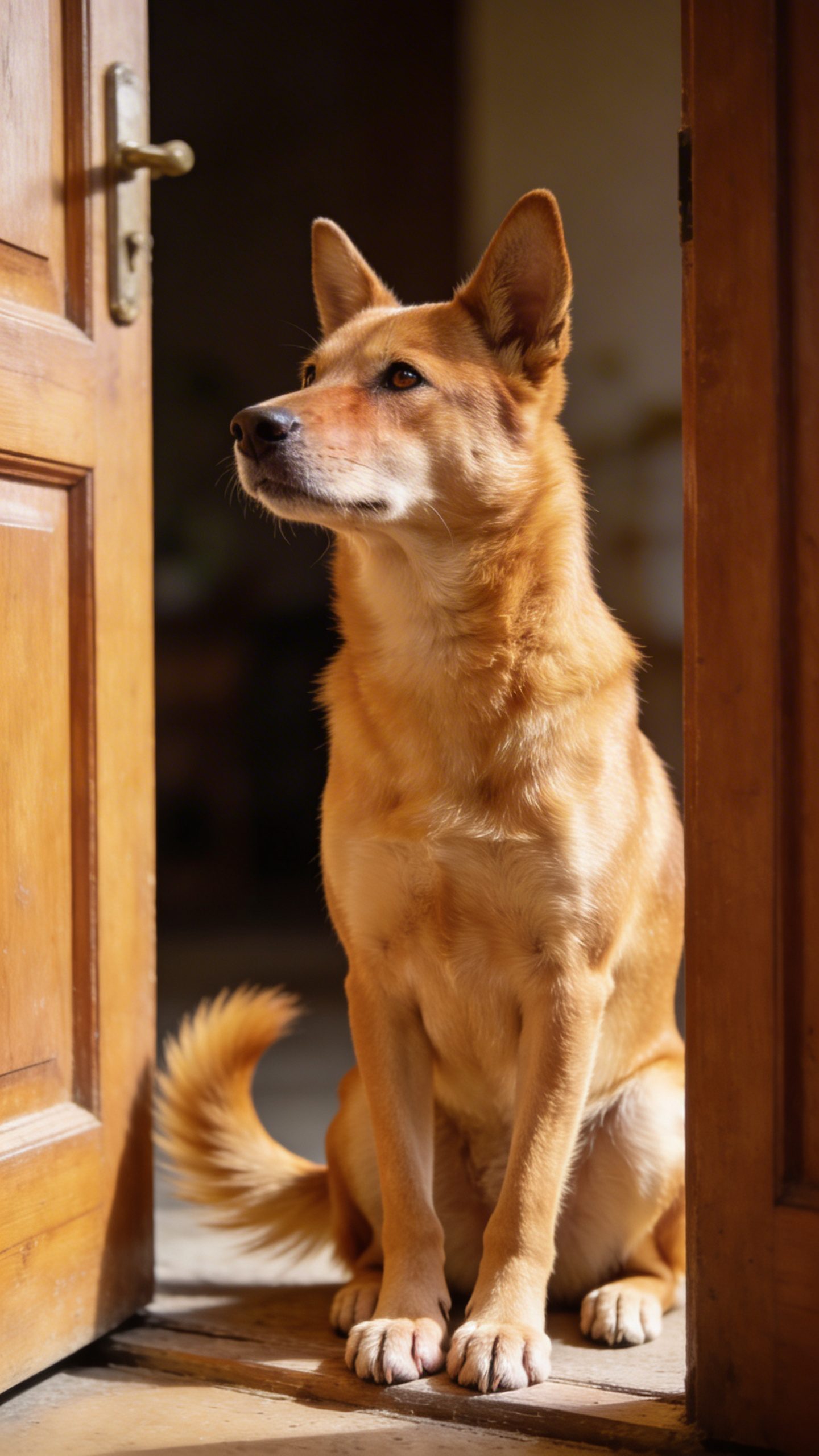 Well-behaved dog waiting patiently at doorway during training