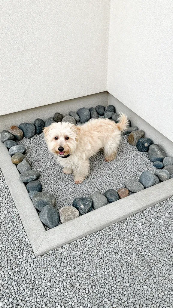 "dog potty corner with edging stones and gravel"