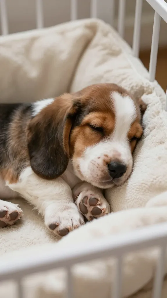 "Basset Hound puppy sleeping in crate, cozy blanket"