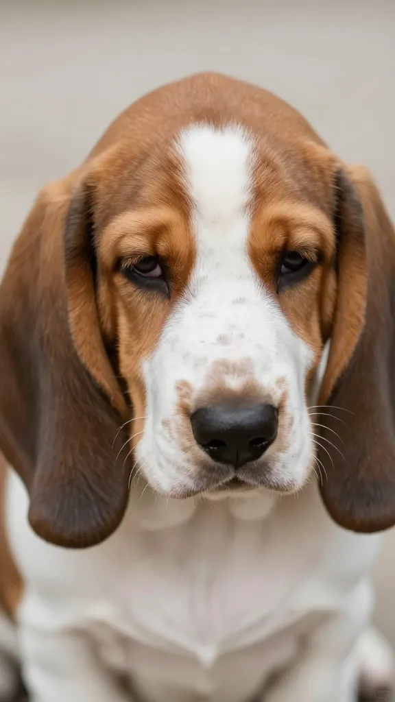 "Close-up nose and ears of sleepy basset puppy"