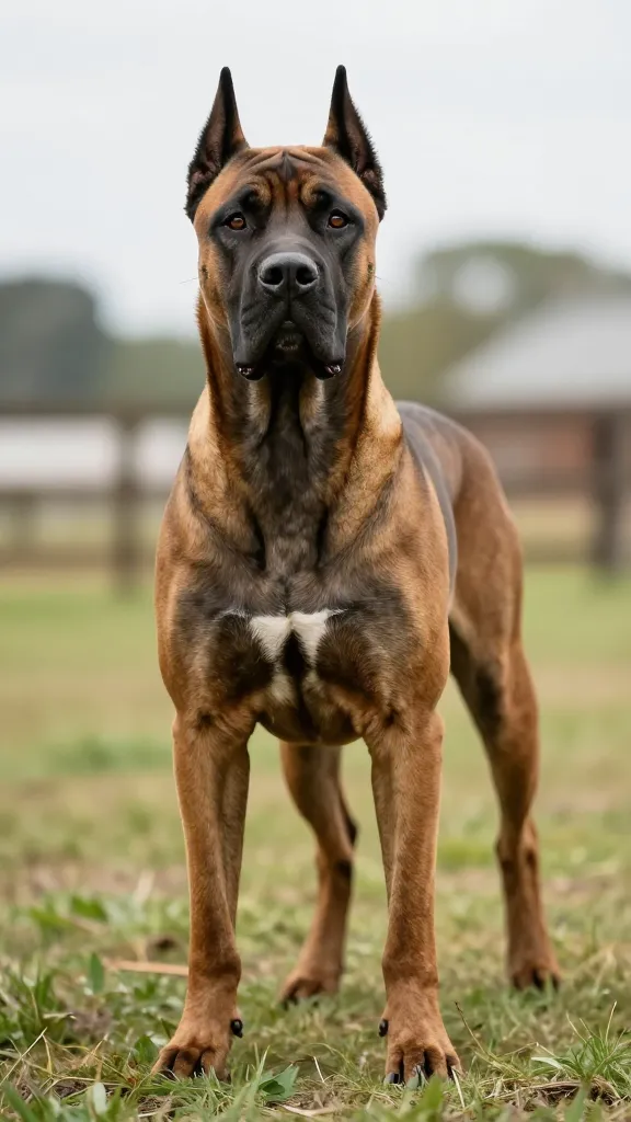 "Cane Corso guardian stance, attentive gaze, farm setting"