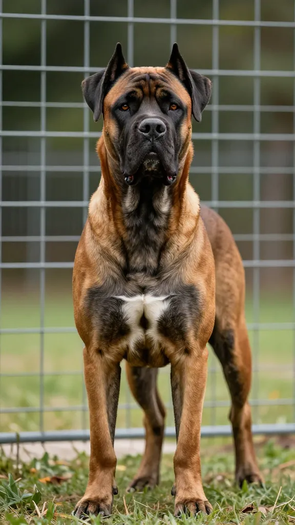 "Guarding pose by fence, Cane Corso profiling protection"