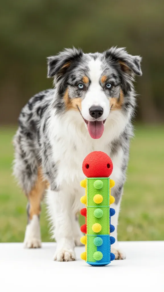 Australian Shepherd puzzle toy play, outdoor studio