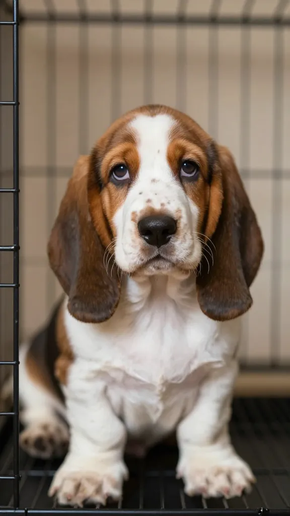 "basset hound Puppy with rhythmic crate cover in warm lighting"