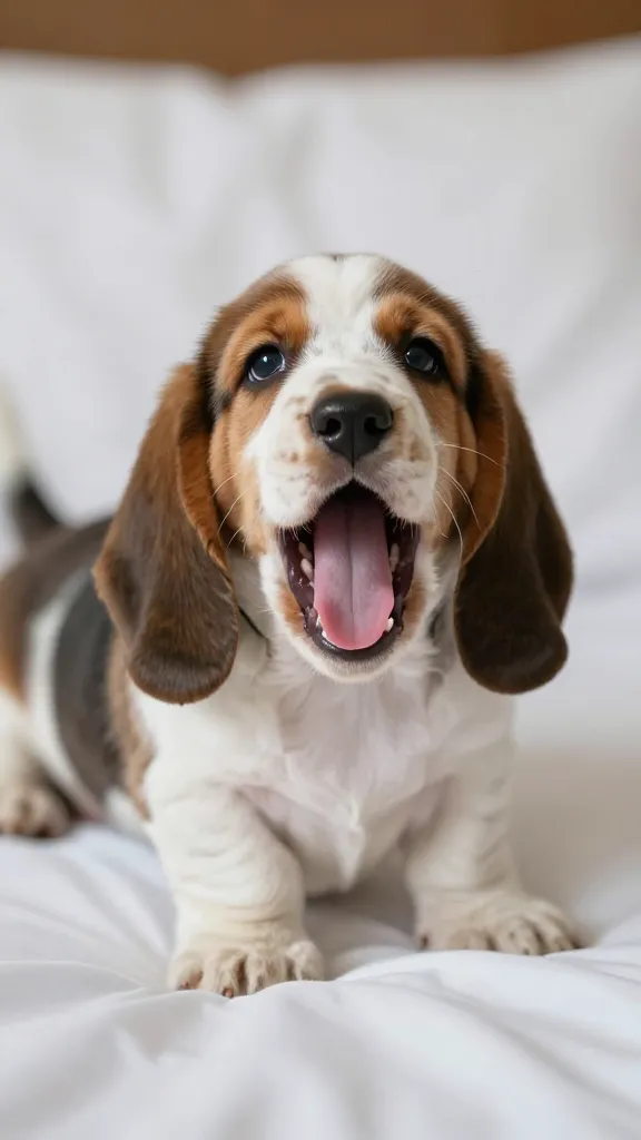 "basset hound Puppy yawning while snuggling on soft bed"
