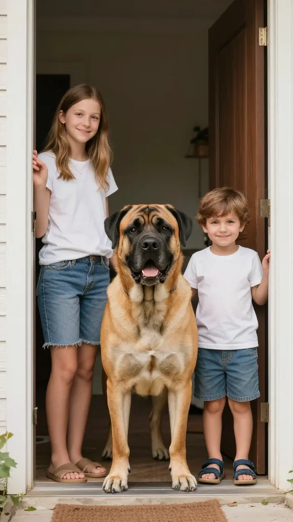 "Loyal Cane Corso with family in doorway, warm tones"