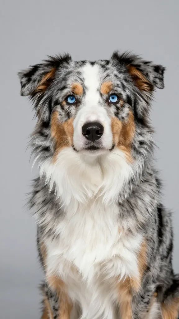 Merle australian shepherd dog pattern close-up on glossy coat, studio backdrop