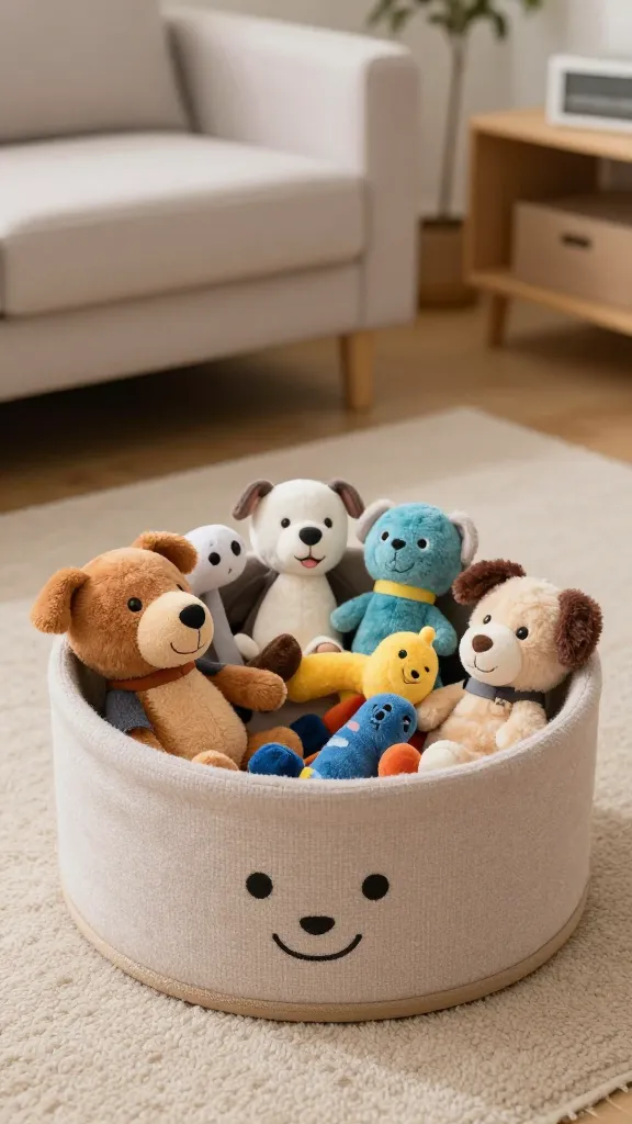 "dog toys lined up in a rotation bin, cozy living room"