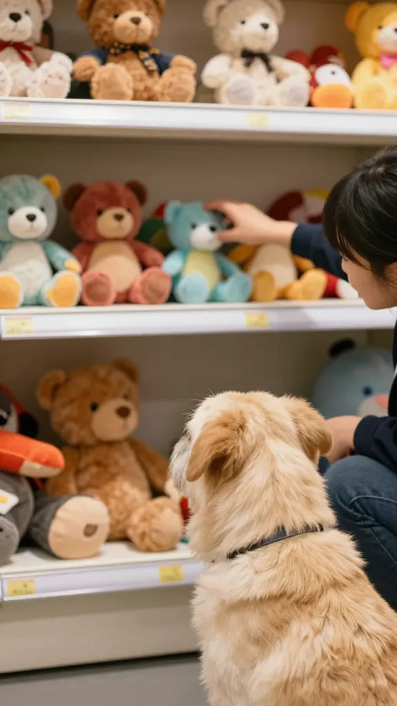 "person swapping toys on a shelf, calm dog watching"