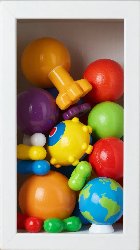 "hidden bin opened, 6-8 colorful toys exposed"