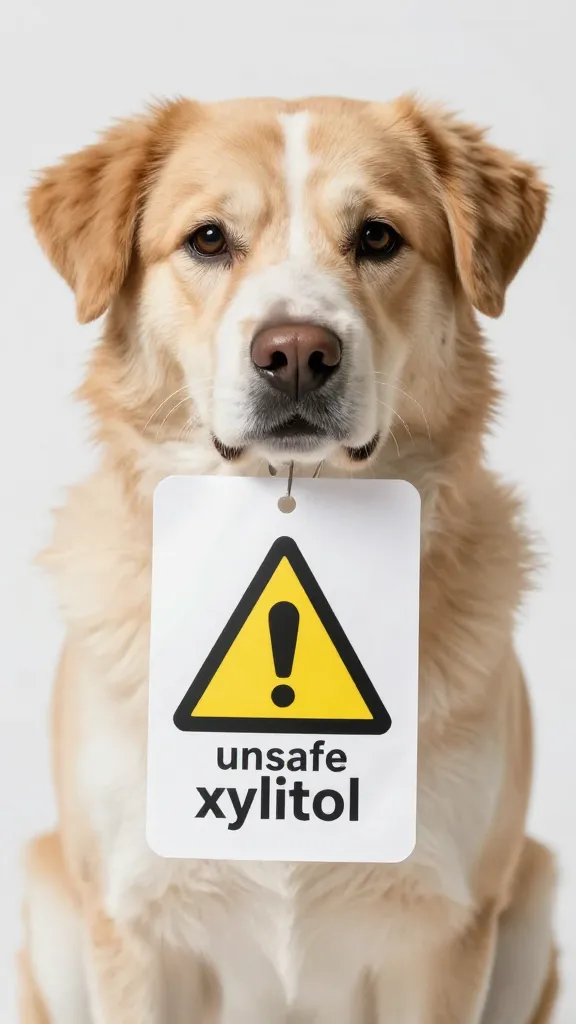 "Dog looking at unsafe xylitol warning label"