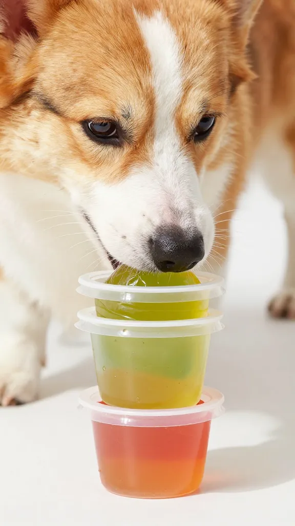 "Close-up of dog sniffing flavored gelatin cups"