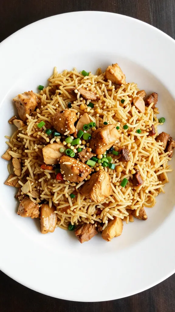 "Chicken rice veggie dog bowl on white plate"