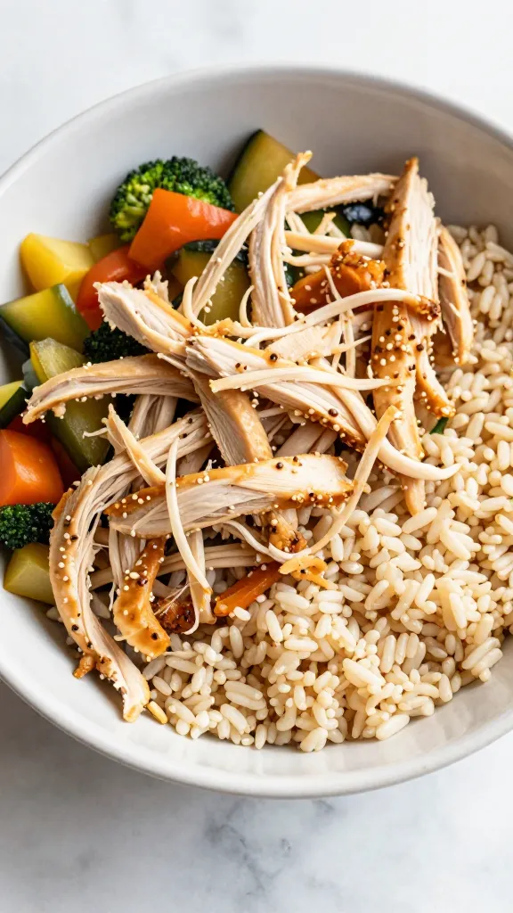 "Shredded chicken, brown rice, steamed veggies bowl"