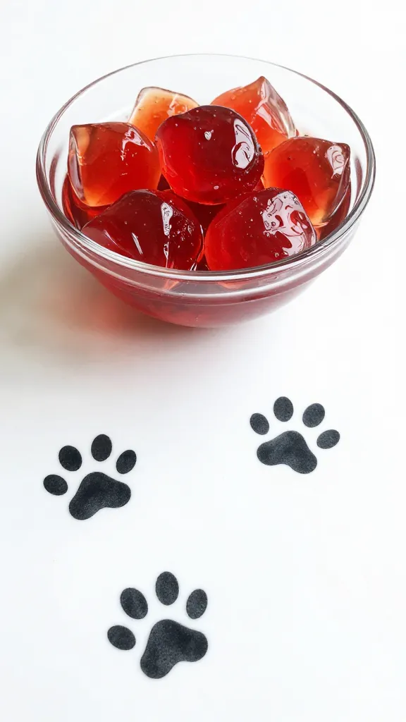 "Bowl of Jell-O with dog paw prints on white surface"