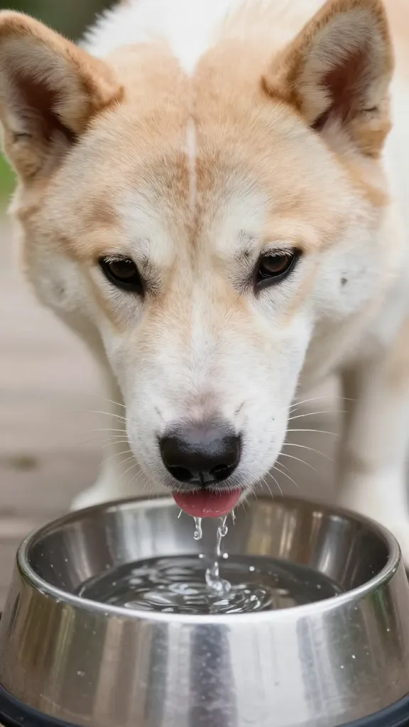 "adult dog looking thirsty, close-up eye level, water bowl foreground"