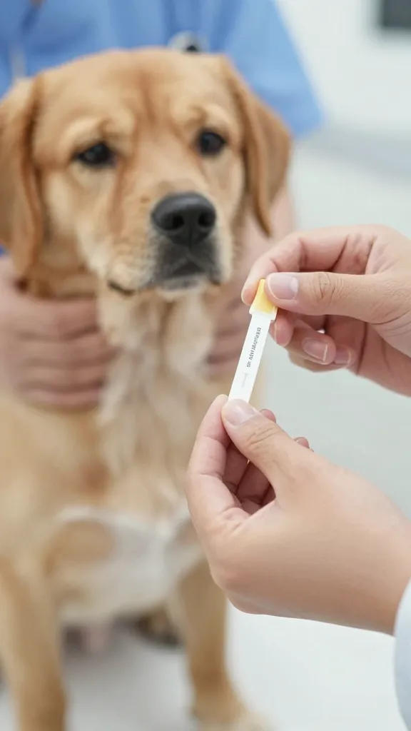 "vet examining a dog, focus on urine test strip, clinical setting"