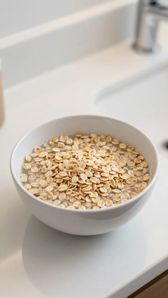 "Bowl of ground oats and warm water on bathroom counter"