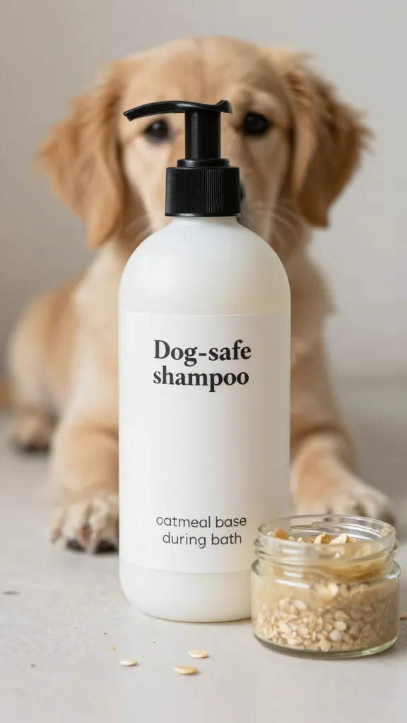 "Dog-safe shampoo bottle beside oatmeal paste during bath"