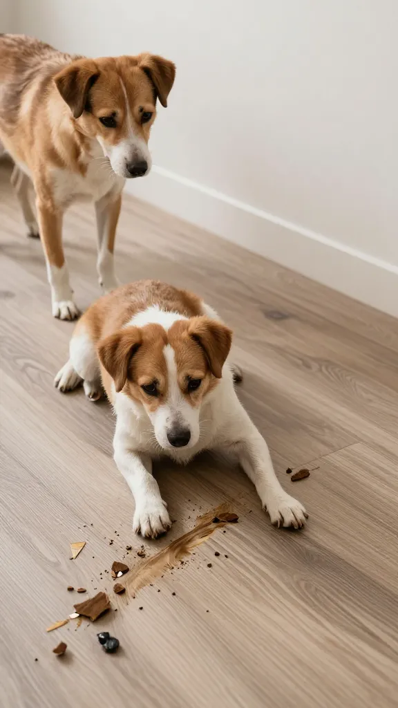 "dog indoors with accident on floor, concerned owner nearby"