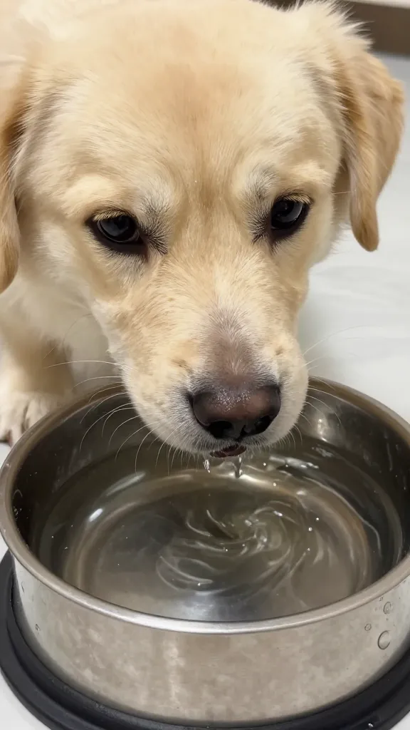 "dog pawing at water bowl, close-up, Sunken eyes"