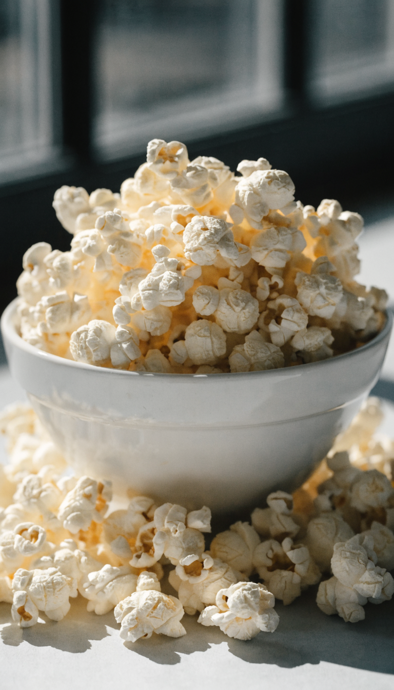 "Plain air-popped popcorn in a white bowl"