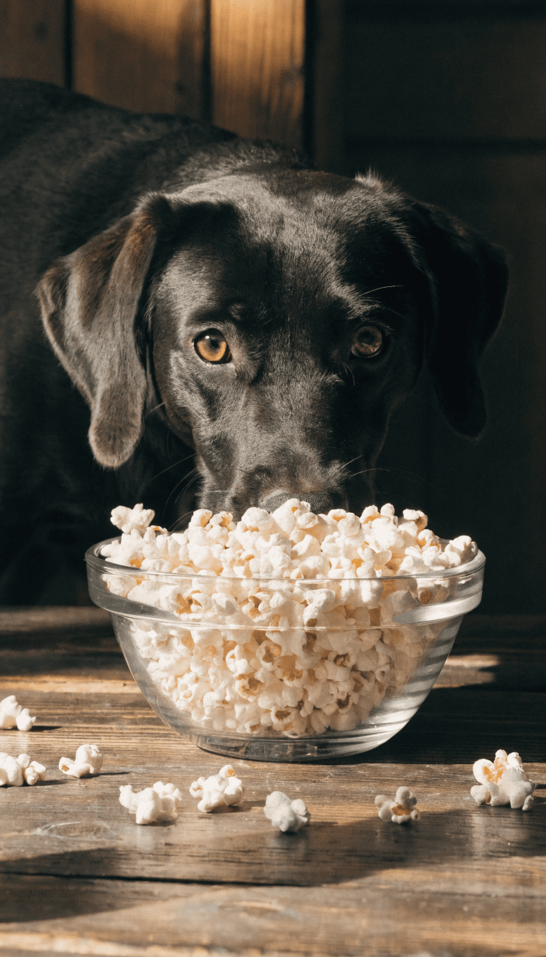 "Dog eyeing plain popcorn with attentive expression"