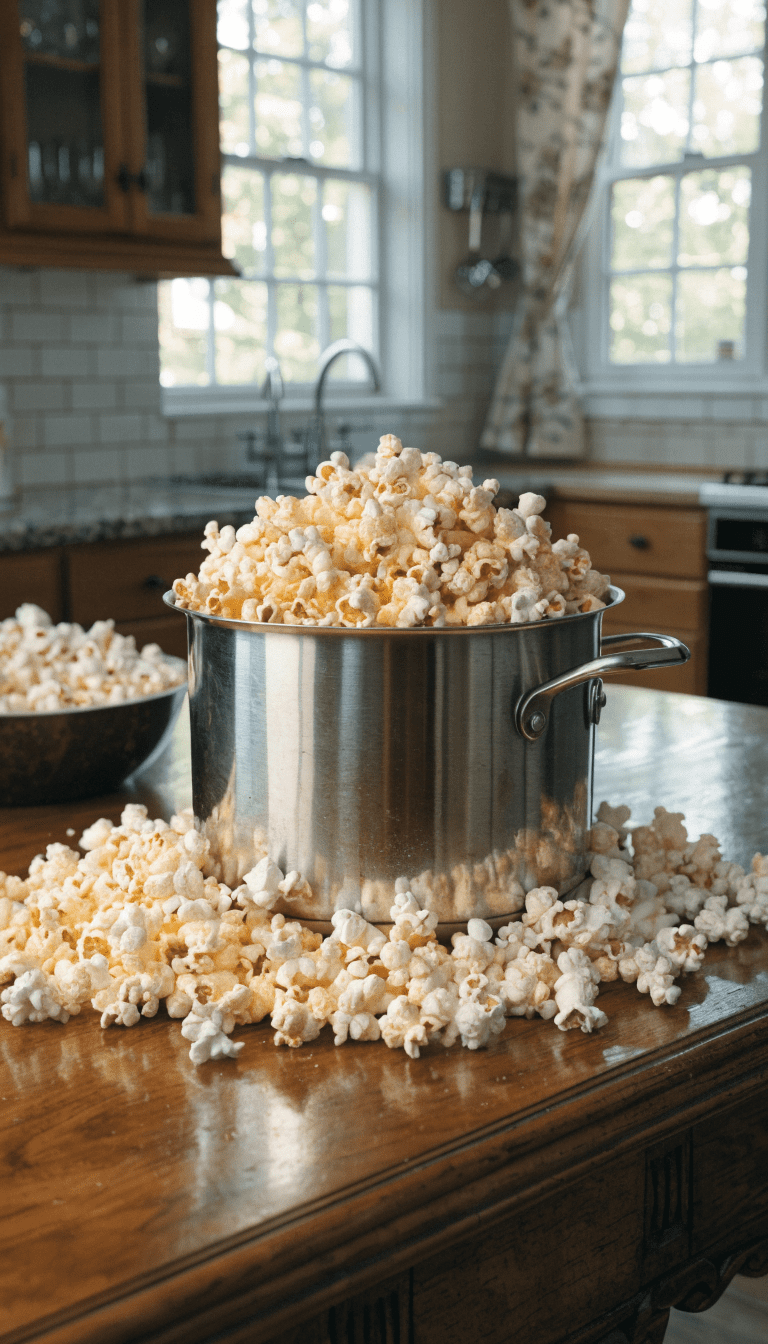 "Kitchen scene showing no butter/oil jars near popcorn"