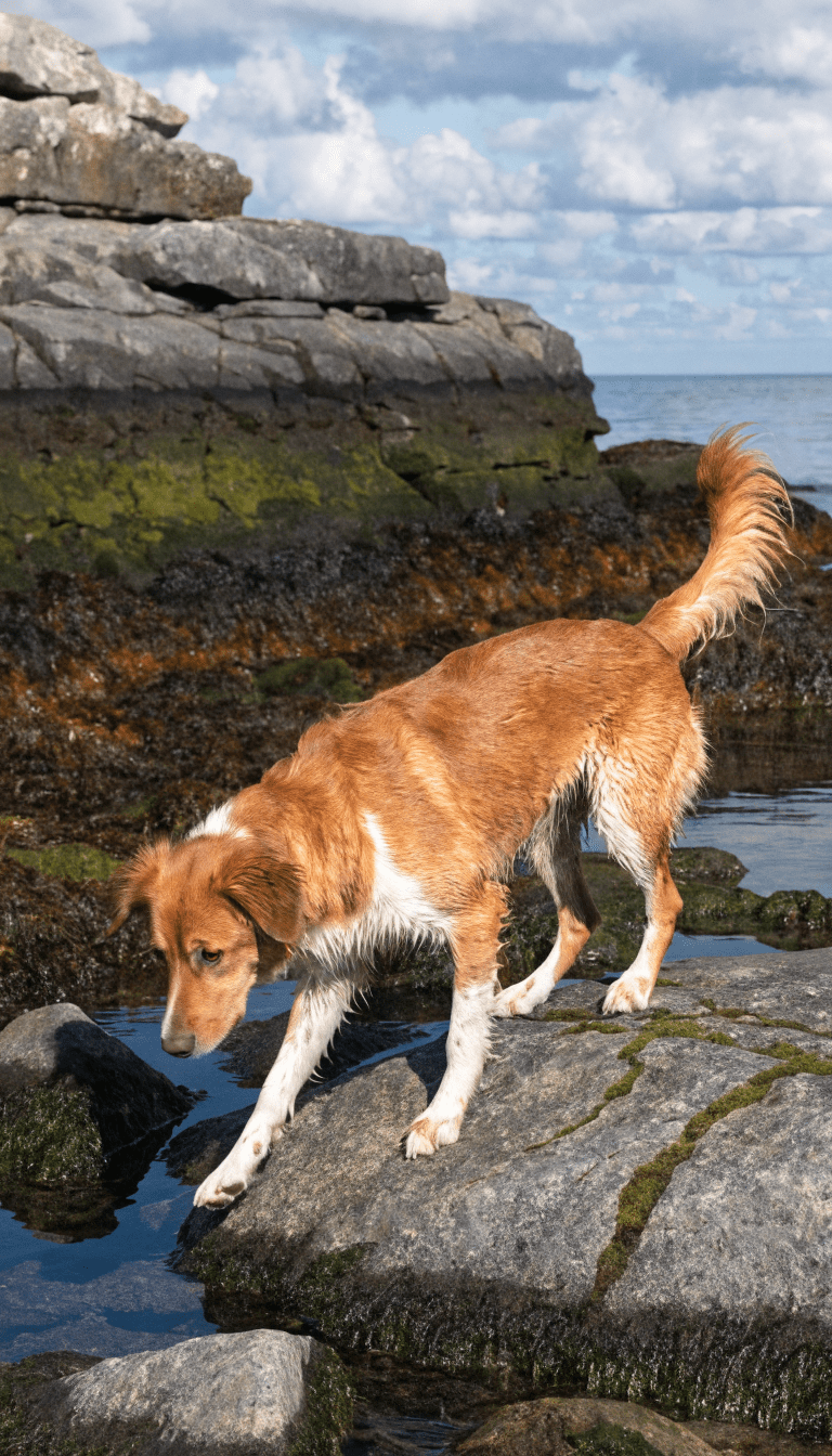 "Nova Scotia Tolling Retriever on shoreline, tolling stance"