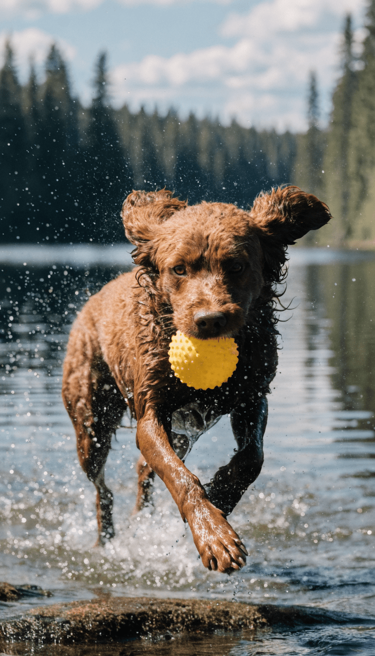 "Water spray retrieves, Tolling dog mid-fetch"