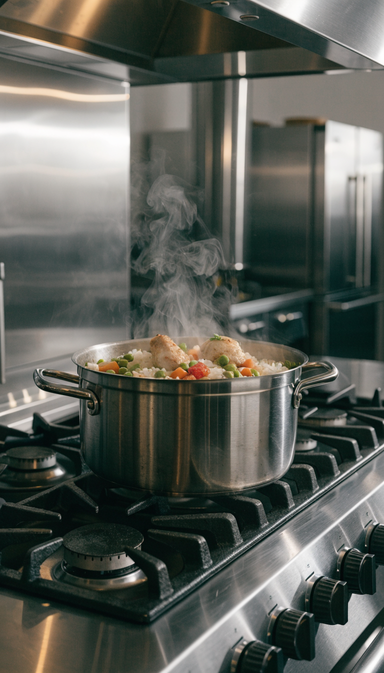"stovetop pot with chicken rice veggie dish in stainless kitchen"