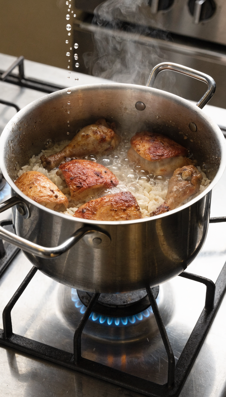 "close-up chicken and rice dog meal simmering on stove"