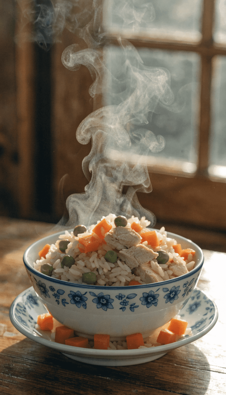 "bowl of dog-friendly chicken rice with carrots peas, warm light"
