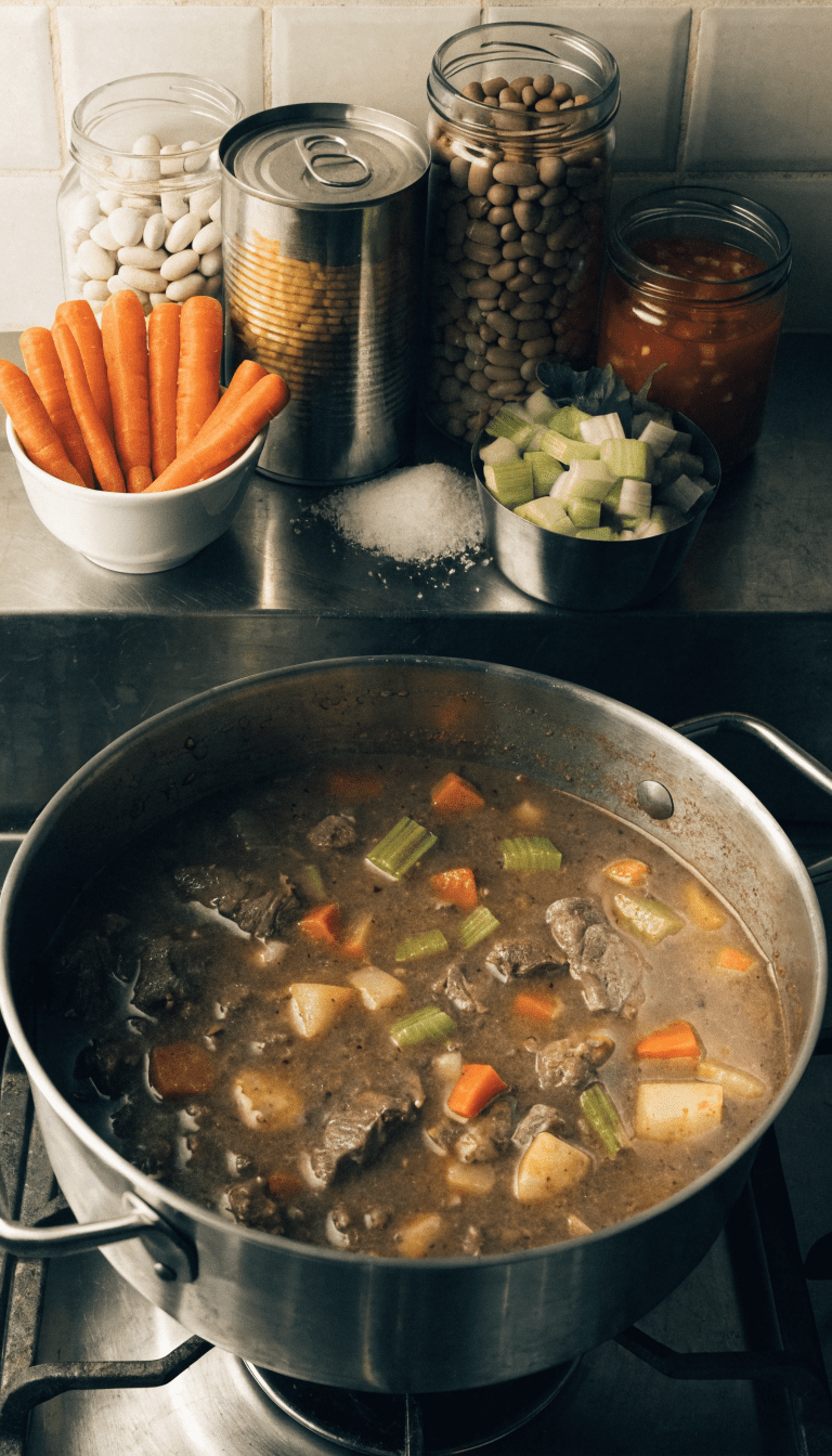 "recipe layout: ingredients and pot for stove-top dog food"