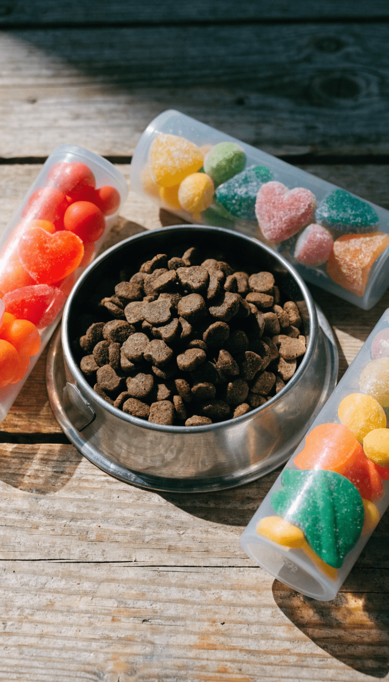 "Dog food bowl with vitamin supplement bottles"