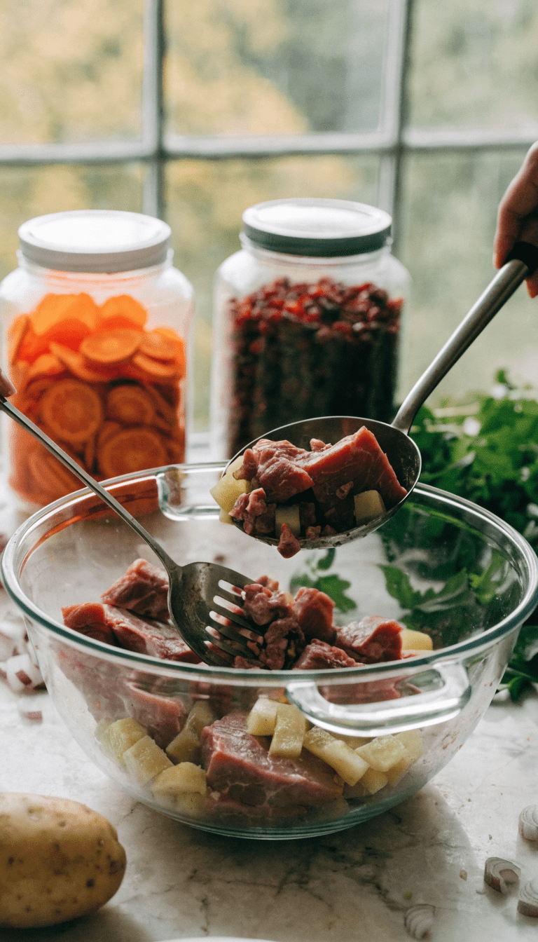 "Homemade dog food prep with labeled vitamin jars"