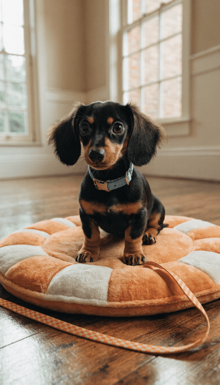 "Dachshund puppy on a schedule timer mat with leash"